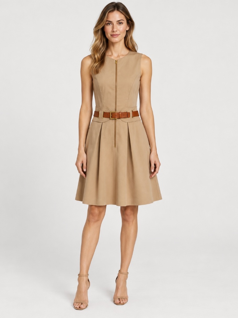 Michael Kors Collection Size 2 Italian Belted Fit & Flare Dress Taupe